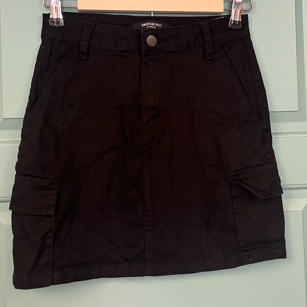 Black mini denim skirt